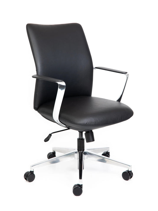 Black office chair with wheels on a white background