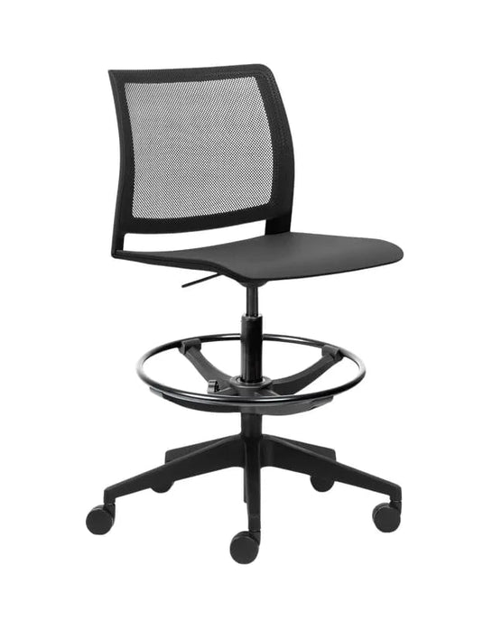 Black office chair with mesh backrest on a white background