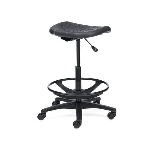 Black adjustable stool with a saddle seat on a white background