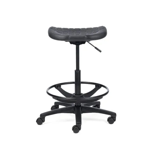 Black adjustable stool with a cushioned seat on a white background