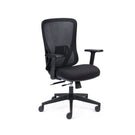 Black office chair with mesh back on a white background