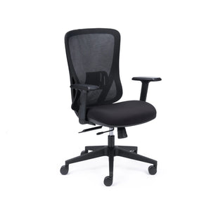 Black office chair with mesh back on a white background
