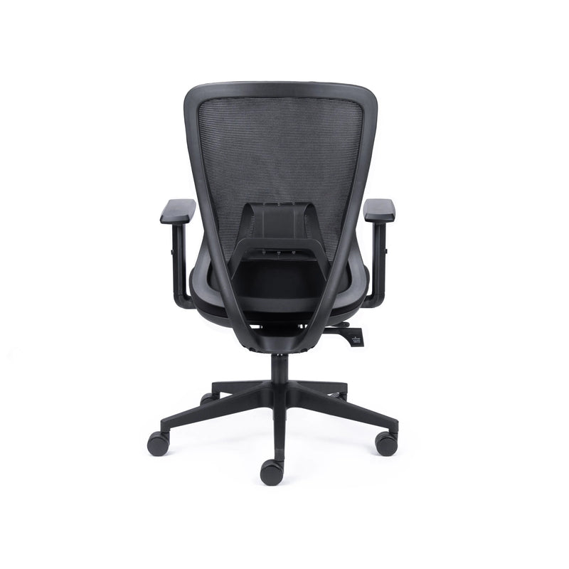 Load image into Gallery viewer, Black office chair with mesh backrest on a white background
