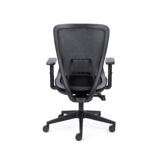 Black office chair with mesh backrest on a white background