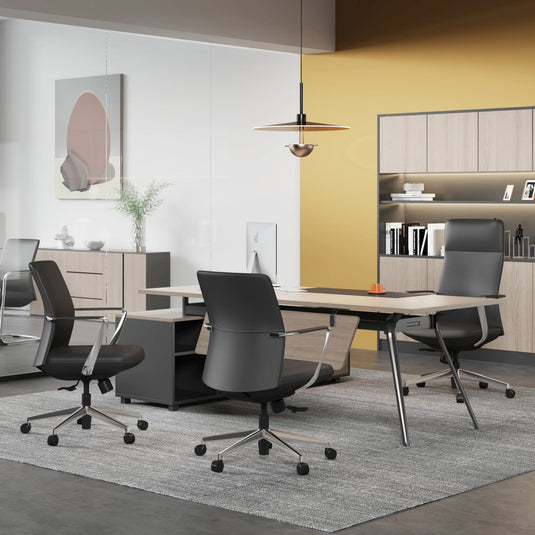 Modern office interior with desks, chairs, and decor elements.