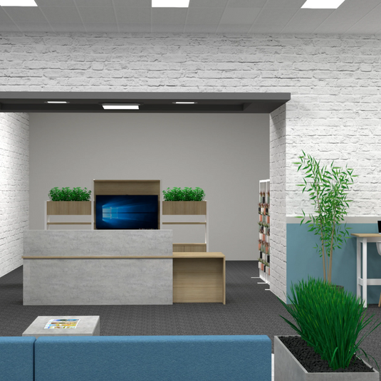 Modern office interior with white brick walls, a reception desk, and seating area.