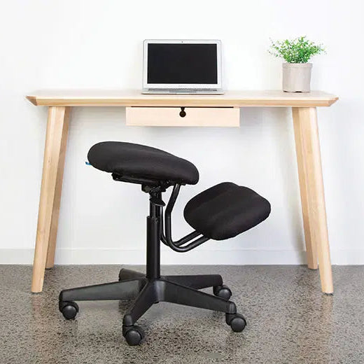 Kneeling chair in front of a wooden desk with a laptop and plant.