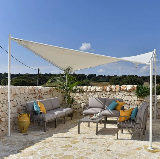 outdoor modular couch and shade cloth in Italian courtyard