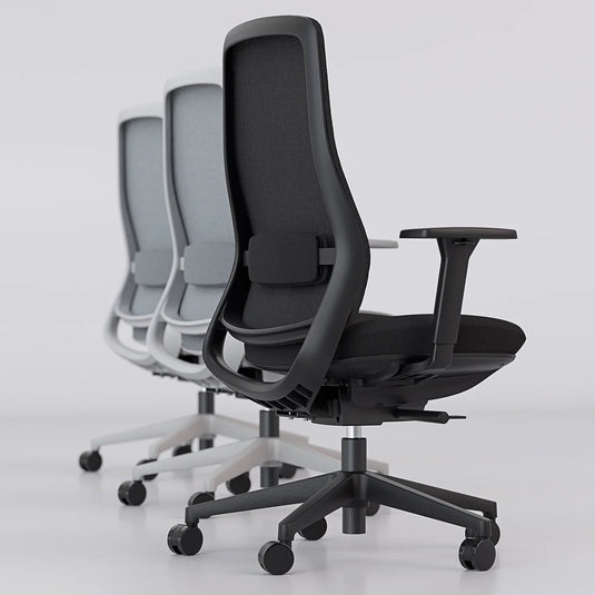 Three office chairs in black and gray on a white background