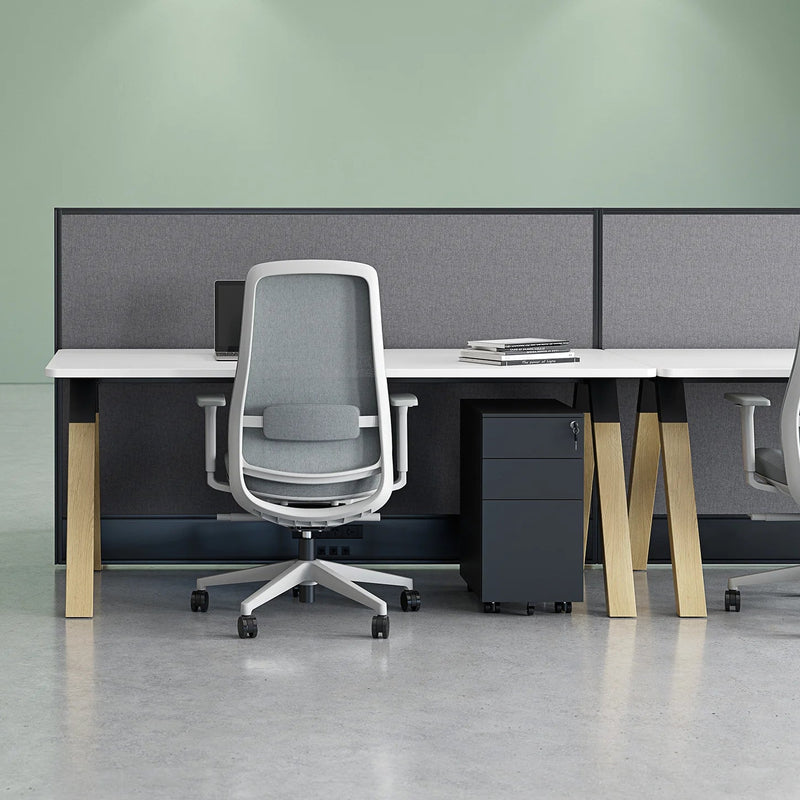 Load image into Gallery viewer, Modern office setup with desks and chairs in a minimalistic office space.
