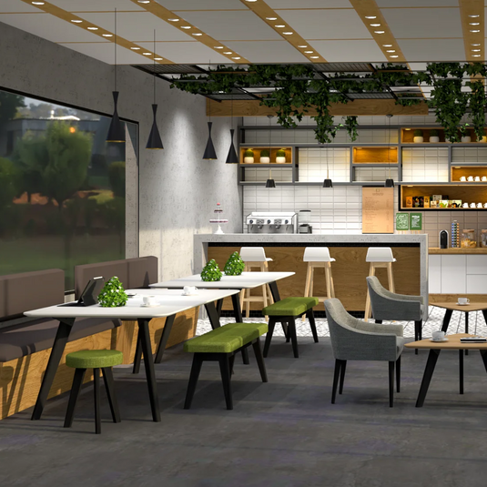Modern cafe interior with tables, chairs, bench seats, and a kitchen area.