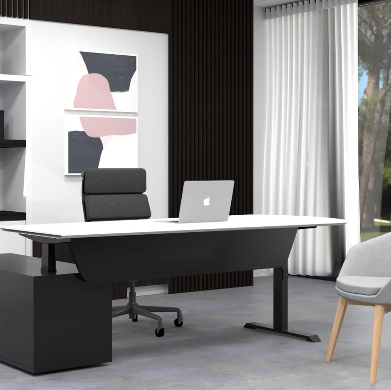 Load image into Gallery viewer, Modern office setup with a desk, chairs, and shelves in a bright room.
