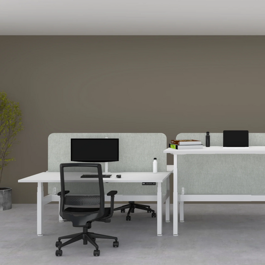 Modern office setup with a desk, chairs, and plants in a minimalistic office space.