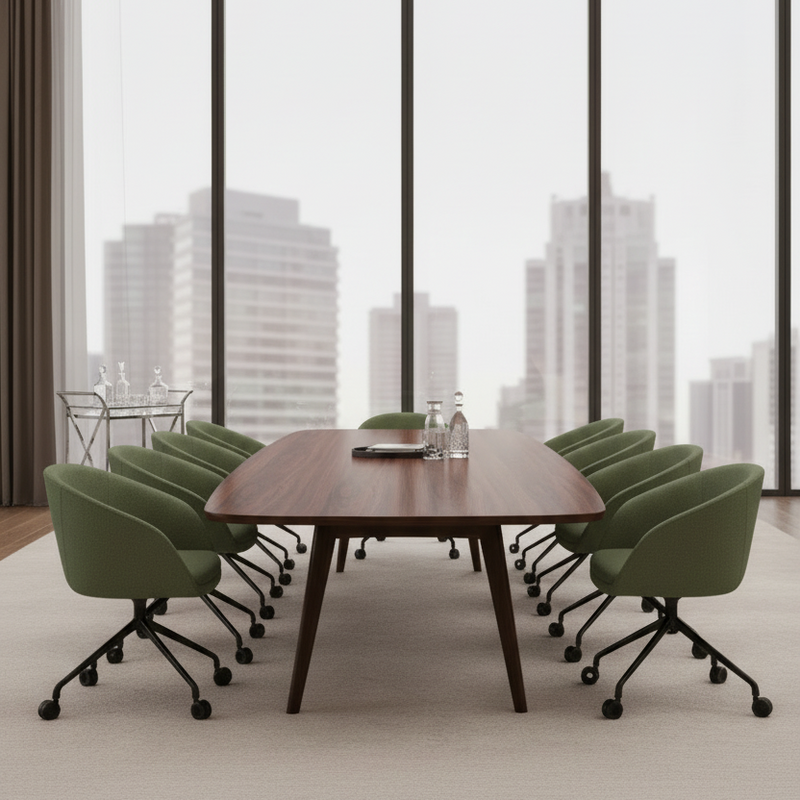 Load image into Gallery viewer, Modern conference room with a large wooden table and green chairs, featuring cityscape views.
