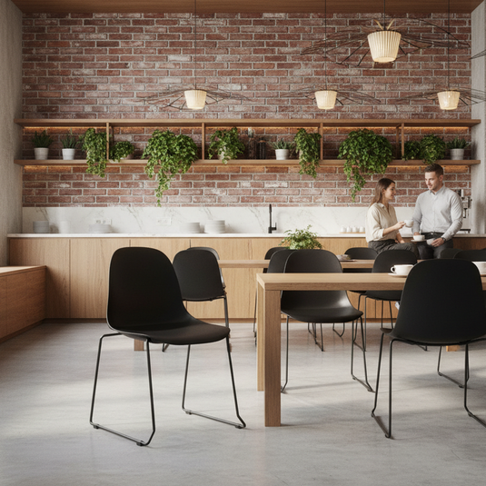 Modern kitchen with wooden dining table and black chairs, people sitting at the table.